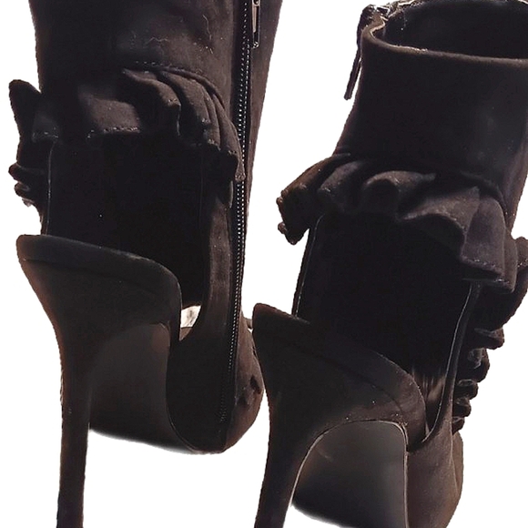 Ankle Wrap Whimsygoth Black Stelletto Bootie Chic W 8 Faux Suede Peep Toe Ruffle - Picture 2 of 7